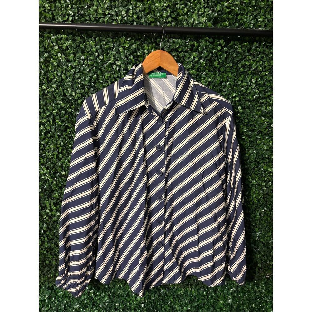 United Colors Of Benetton Blue and White Striped Button Down Top Sz XS